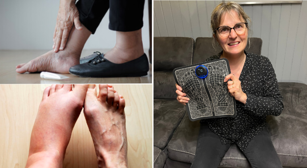 woman before and after using Nooro EMS Foot Massager